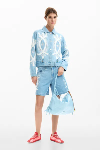 Desigual Denim Jacket With Embroidery In Blue