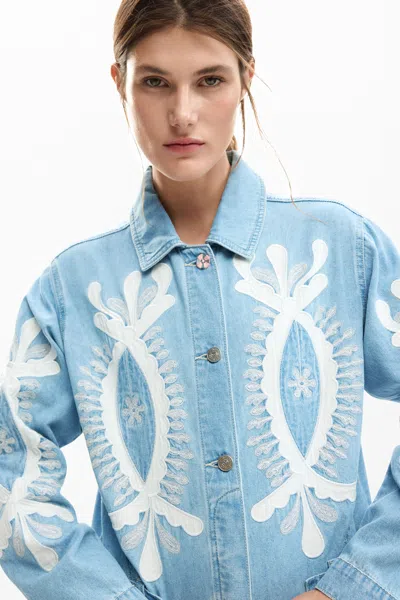 Desigual Denim Jacket With Embroidery In Blue