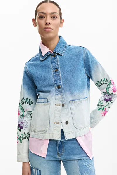 Desigual Floral Embroidered Denim Trucker Jacket In Blue