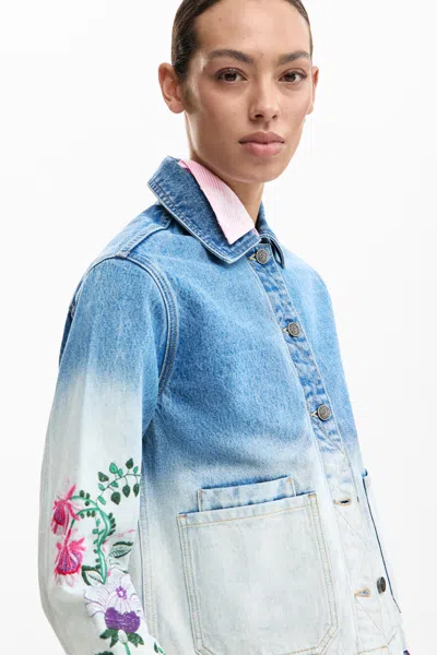 Desigual Floral Embroidered Denim Trucker Jacket In Blue