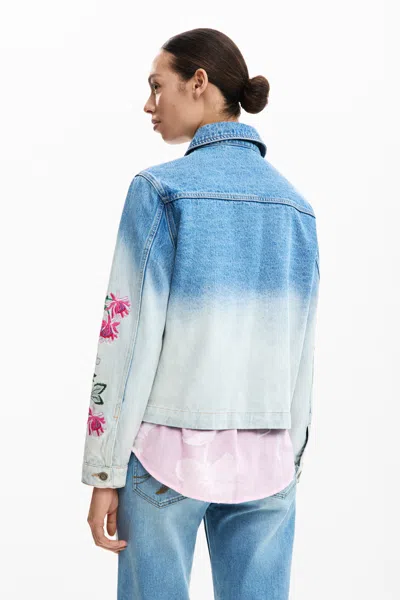 Desigual Floral Embroidered Denim Trucker Jacket In Blue