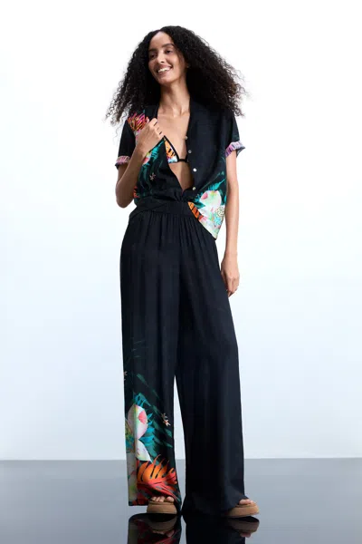 Desigual Tropical Fluid Palazzo Pants In Black