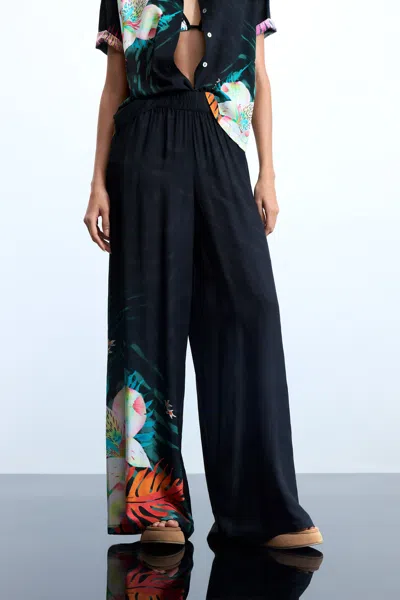 Desigual Tropical Fluid Palazzo Pants In Black