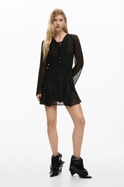 Desigual Metallic Dot Long Sleeve Minidress In Black