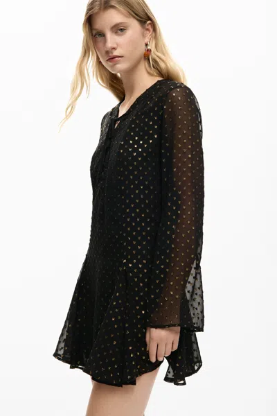 Desigual Metallic Dot Long Sleeve Minidress In Black