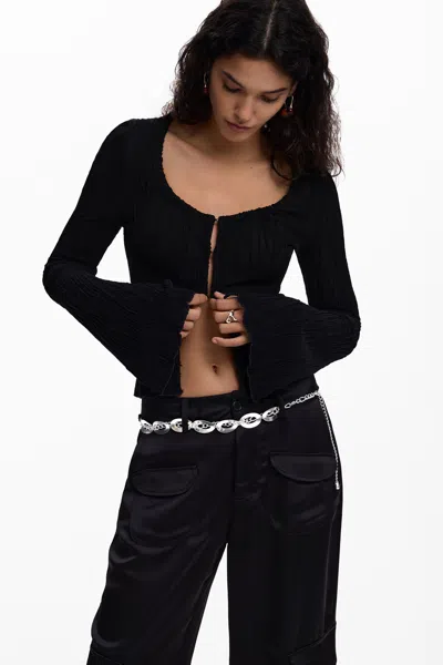 Desigual T-shirt With Snap Fasteners And Tie In Black