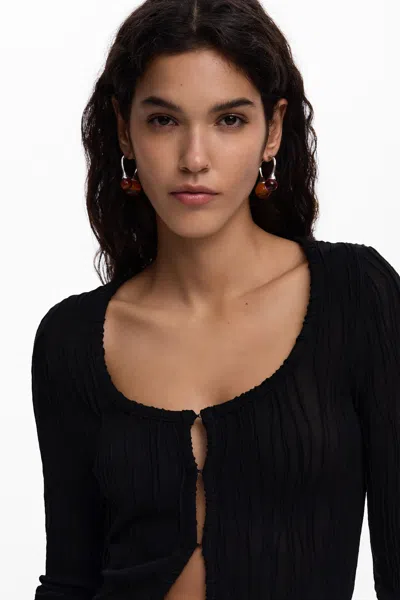 Desigual T-shirt With Snap Fasteners And Tie In Black