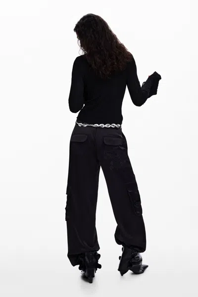 Desigual T-shirt With Snap Fasteners And Tie In Black