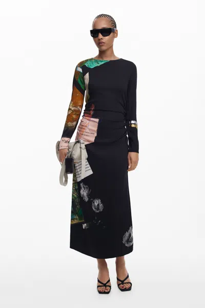 Desigual Mix Print Long Sleeve Midi Dress In Black