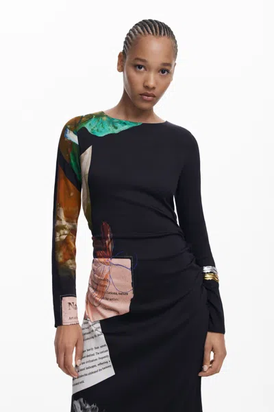 Desigual Mix Print Long Sleeve Midi Dress In Black