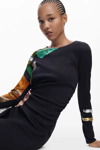 Desigual Mix Print Long Sleeve Midi Dress In Black