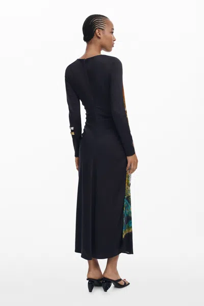 Desigual Mix Print Long Sleeve Midi Dress In Black
