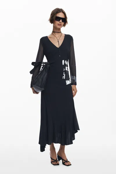 Desigual Sheer Sleeve Graphic Print Asymmetricdress In Black