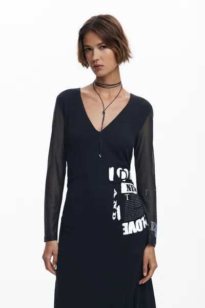 Desigual Sheer Sleeve Graphic Print Asymmetricdress In Black