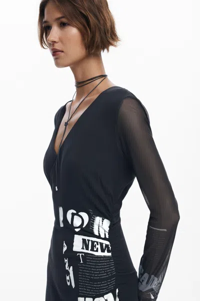 Desigual Sheer Sleeve Graphic Print Asymmetricdress In Black