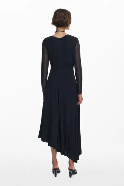 Desigual Sheer Sleeve Graphic Print Asymmetricdress In Black