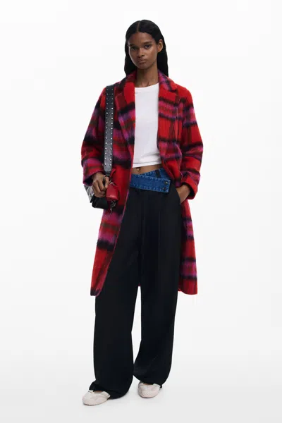 Desigual Tartan Plaid Fuzzy Coat In Red