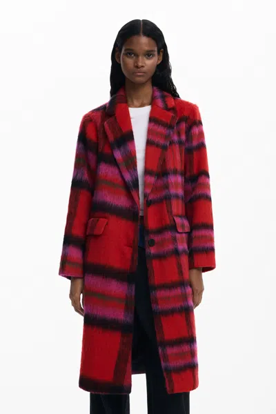 Desigual Tartan Plaid Fuzzy Coat In Red