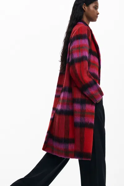 Desigual Tartan Plaid Fuzzy Coat In Red