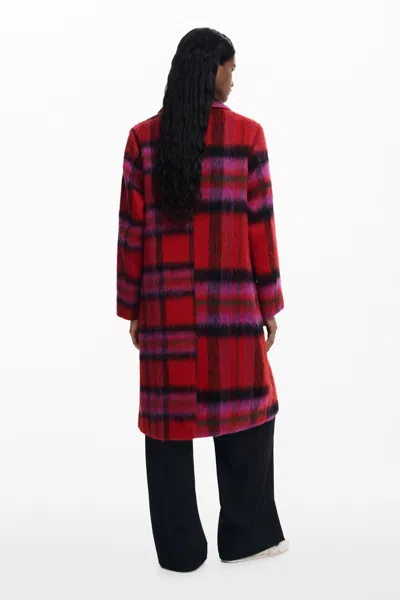 Desigual Tartan Plaid Fuzzy Coat In Red