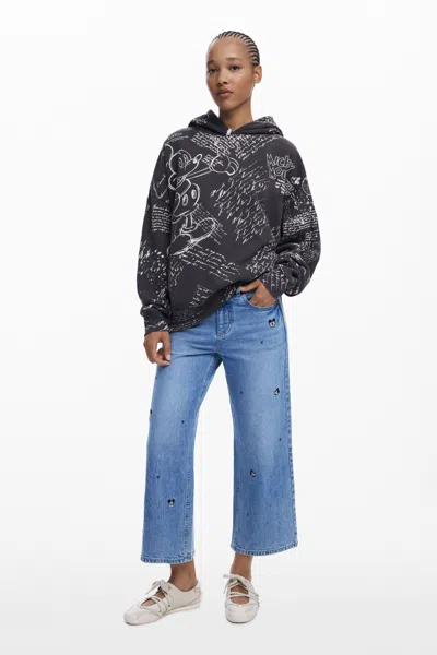 Desigual Mickey Mouse Print Cotton Hoodie In Black