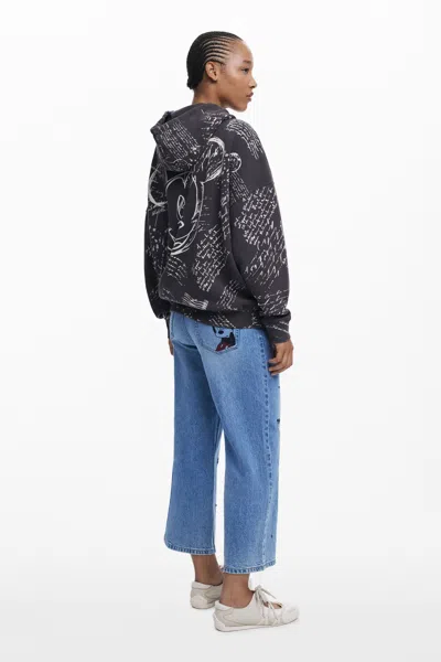 Desigual Mickey Mouse Print Cotton Hoodie In Black