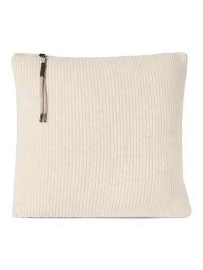 Brunello Cucinelli Cashmere English Rib Knit Cushion With Shiny Zipper Pull In Neutral