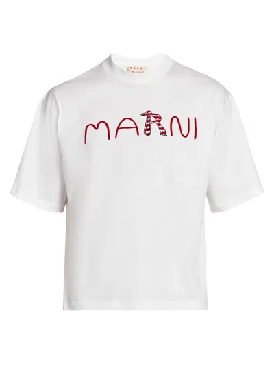 Marni Cotton T-shirt With Flocked Animal Alphabet Logo In White