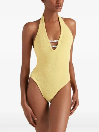Hunza G Adriana Beaded Halterneck Crinkle Swimsuit In Yellow
