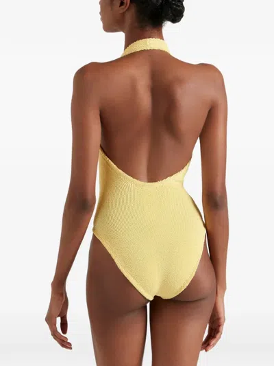 Hunza G Adriana Beaded Halterneck Crinkle Swimsuit In Yellow