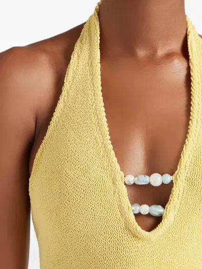 Hunza G Adriana Beaded Halterneck Crinkle Swimsuit In Yellow
