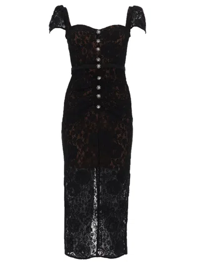 Self-portrait Belted Embellished Cotton-blend Lace Midi Dress In Black