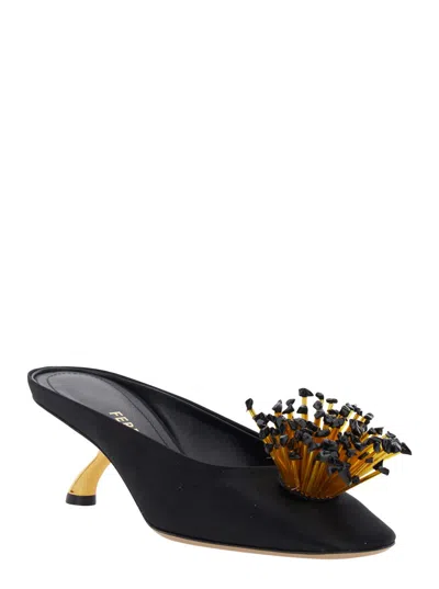 Ferragamo Black Sandals With Low Heel And Crystal Embellishment On The Front In Fabric Woman