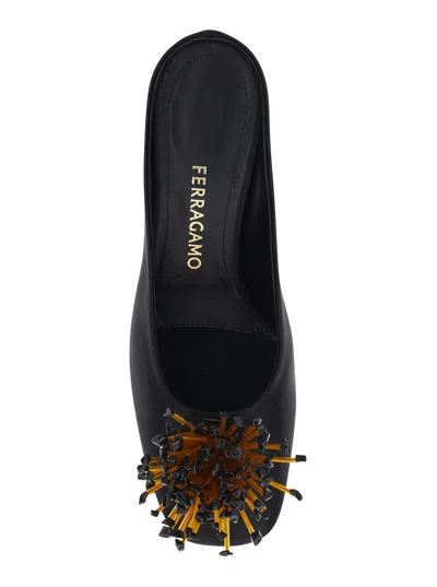Ferragamo Black Sandals With Low Heel And Crystal Embellishment On The Front In Fabric Woman