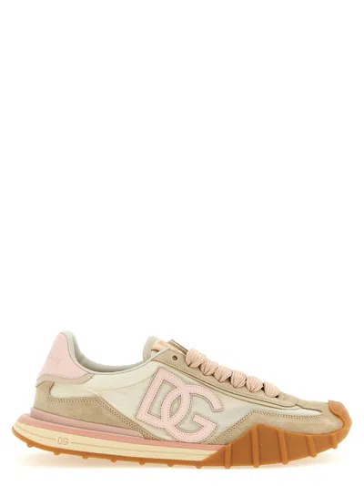Dolce & Gabbana Dg Athletic Sneakers In Ivory And Pink Fabric And Leather In Multi