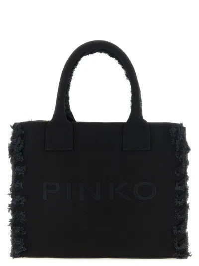 Pinko Frayed Lettering Medium Tote Bag In Black