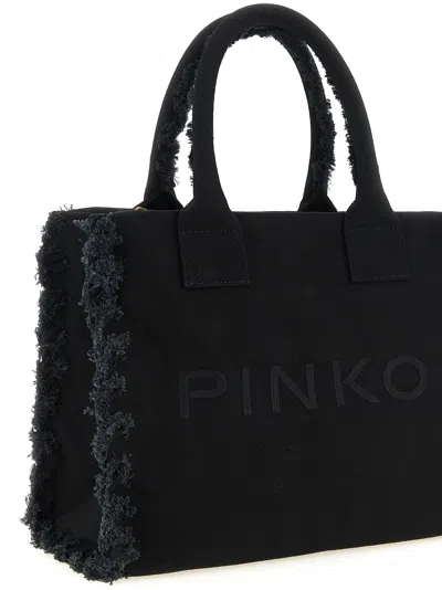 Pinko Frayed Lettering Medium Tote Bag In Black