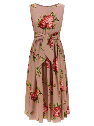 Dolce & Gabbana Abito Midi In Cotone Rosa Con Stampa Fiori Dolce E Gabbana In Pink