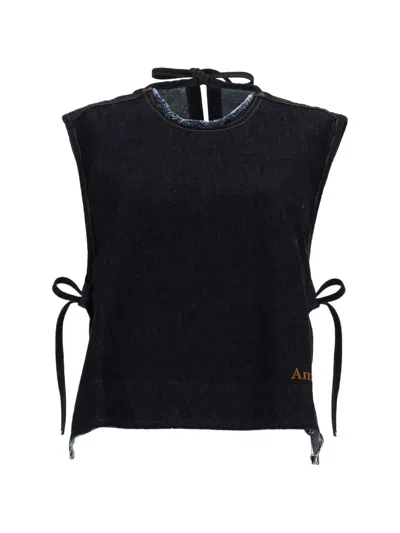Amish Denim Solid Round Neck Top In Blue