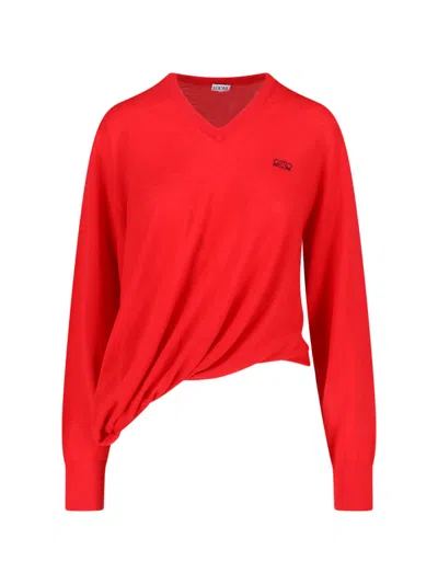 Loewe Asymmetric Draped Embroidered Wool-blend Sweater In Red