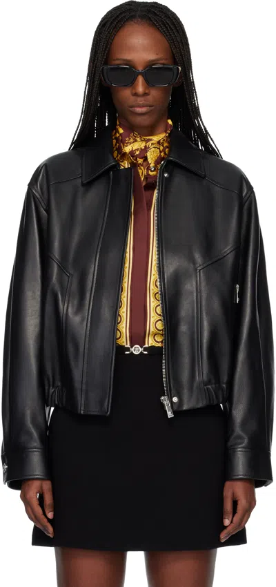 Versace Leather Jacket Collared Neck Button Cuffs Hem In Black