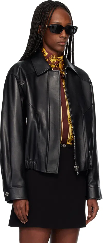Versace Leather Jacket Collared Neck Button Cuffs Hem In Black