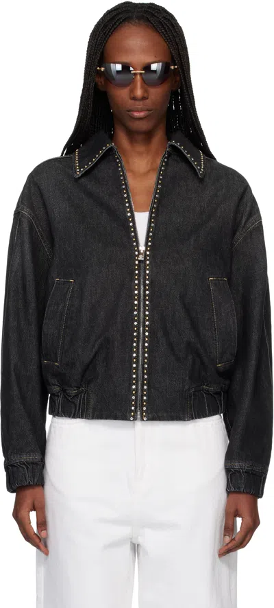 Versace Denim Jacket Elasticated Cuffs Hem Pockets Studs In Black