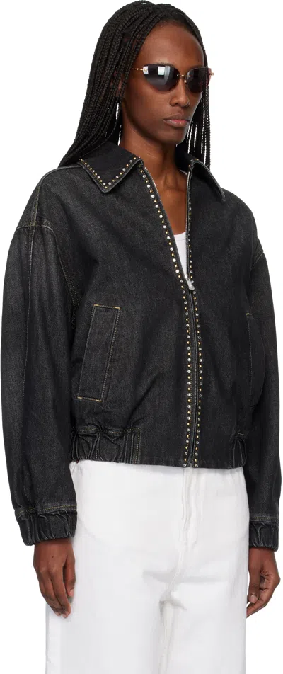 Versace Denim Jacket Elasticated Cuffs Hem Pockets Studs In Black