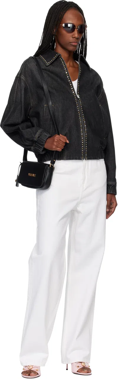 Versace Denim Jacket Elasticated Cuffs Hem Pockets Studs In Black