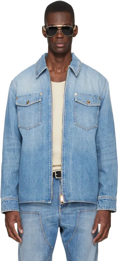 Versace Denim Zip Overshirt In Blue
