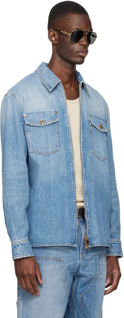 Versace Denim Zip Overshirt In Blue