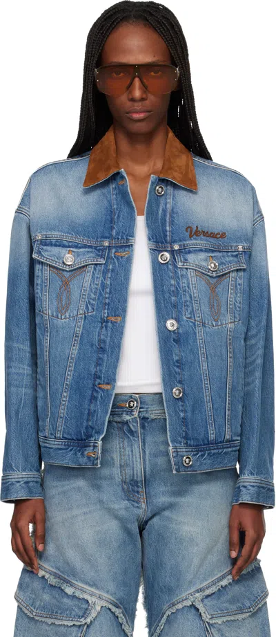 Versace Cotton Denim Jacket Long Sleeves Contrast Collar In Blue