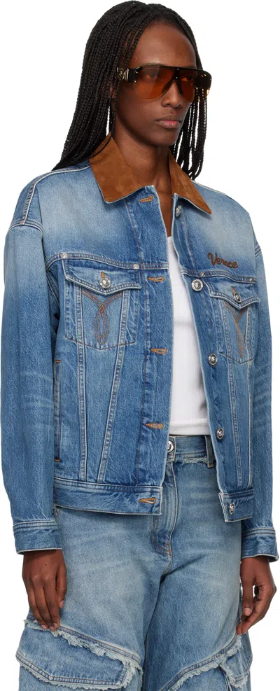 Versace Cotton Denim Jacket Long Sleeves Contrast Collar In Blue