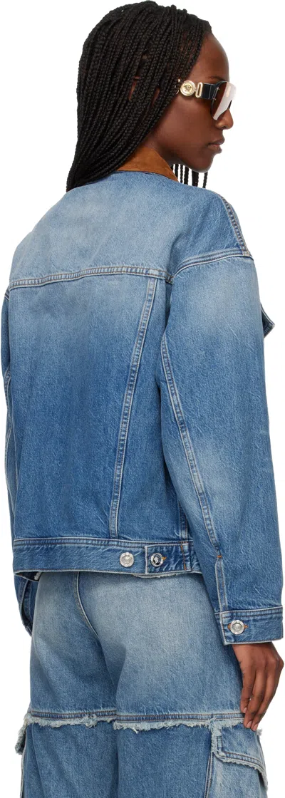 Versace Cotton Denim Jacket Long Sleeves Contrast Collar In Blue